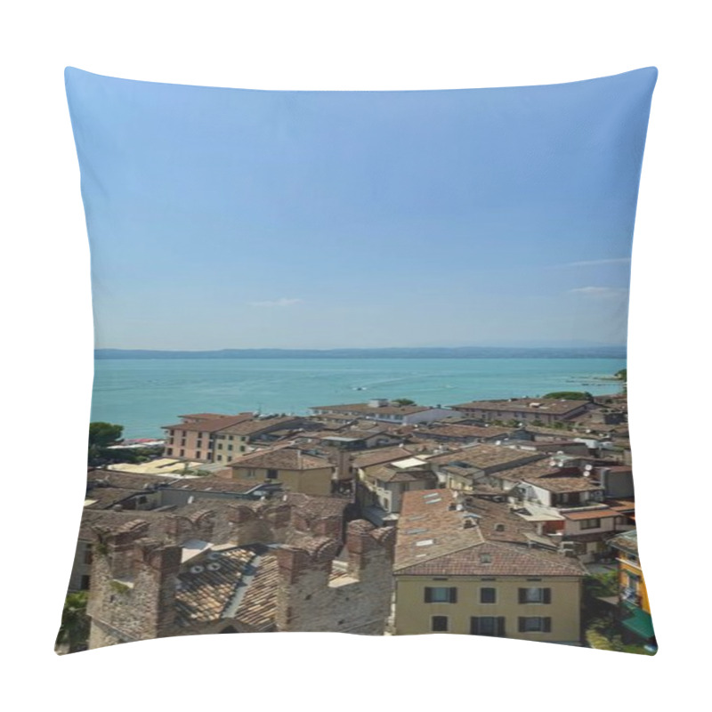 Personality  Medieval Charm And Rooftop Views In Sirmione, Lake Garda. An Aerial Perspective Of The Medieval Town Of Sirmione, Featuring Historic Stone Buildings, Red-tiled Rooftops, And The Turquoise Waters Of Pillow Covers