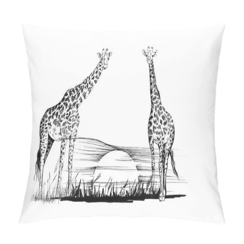 Personality  Two Giraffe On Sunset. Hand Drawn Illustration. Collection Of Hand Drawn Illustrations (originals, No Tracing) Pillow Covers