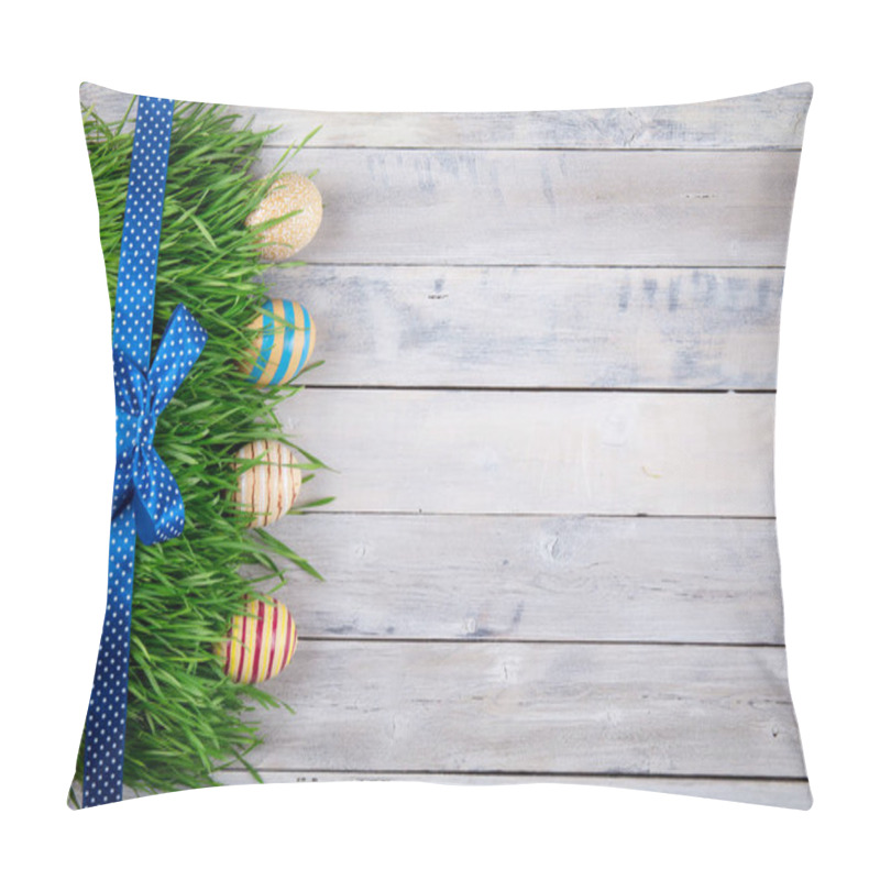 Personality  Easter Eggs In Nest On Rustic Wooden Planks. Easter Concept. Flat Lay. Pillow Covers