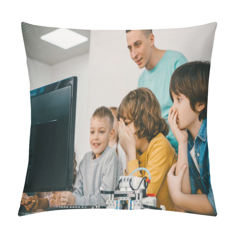 Personality  Teacher Programming Robot With His Teen Students Pillow Covers