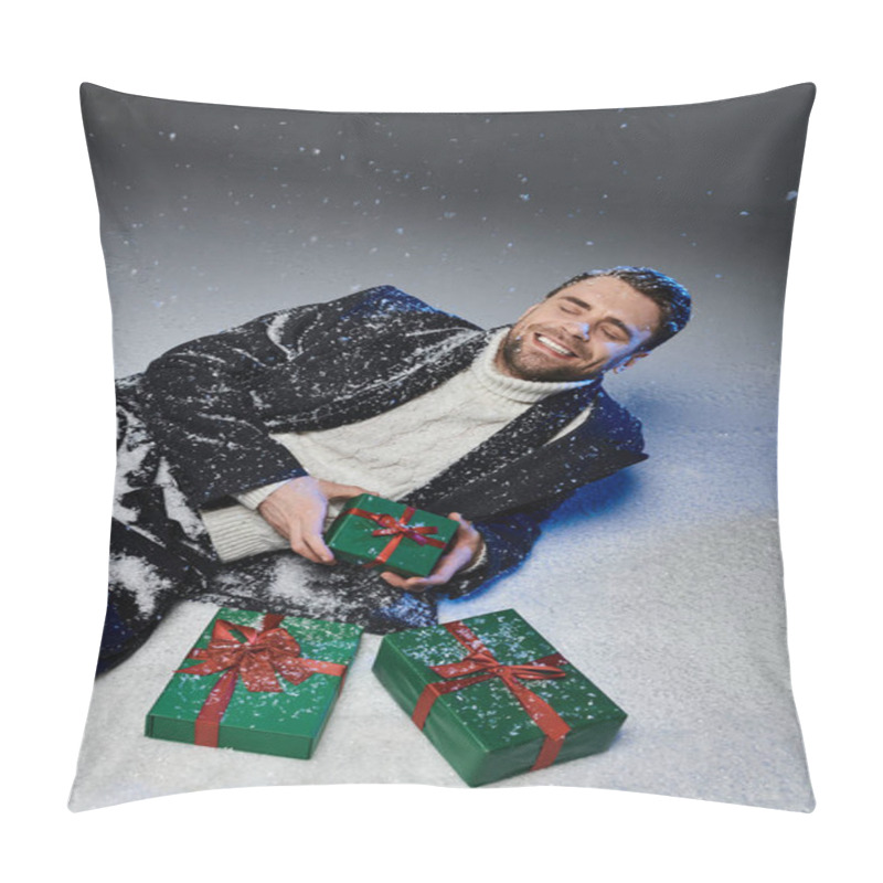 Personality  A Handsome Young Man Smiles While Surrounded By Festive Gift Boxes In The Snow. Pillow Covers