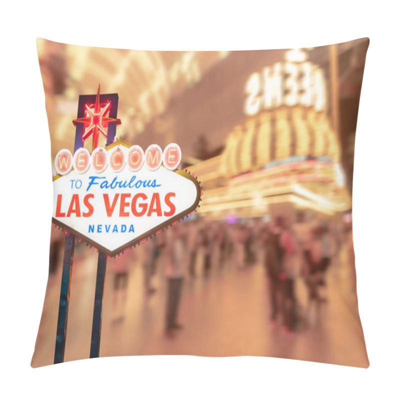 Personality  Famous Las Vegas Sign At Night With Las Vegas Cityscape Blur Background. Pillow Covers