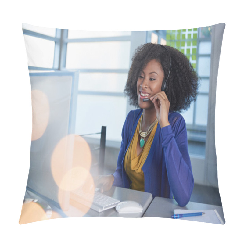 Personality  Portrait Of A Smiling Customer Service Representative With An Afro At The Computer Using Headset Pillow Covers