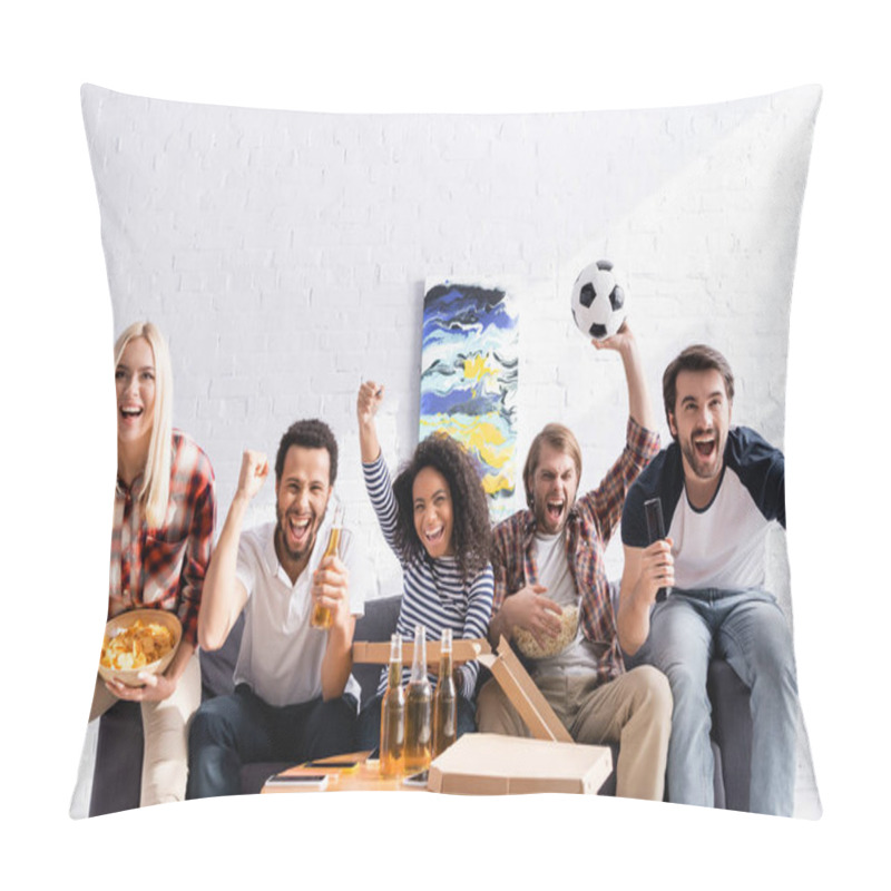 Personality  Excited Multicultural Friends Screaming And Showing Win Gesture While Watching Football Championship Pillow Covers