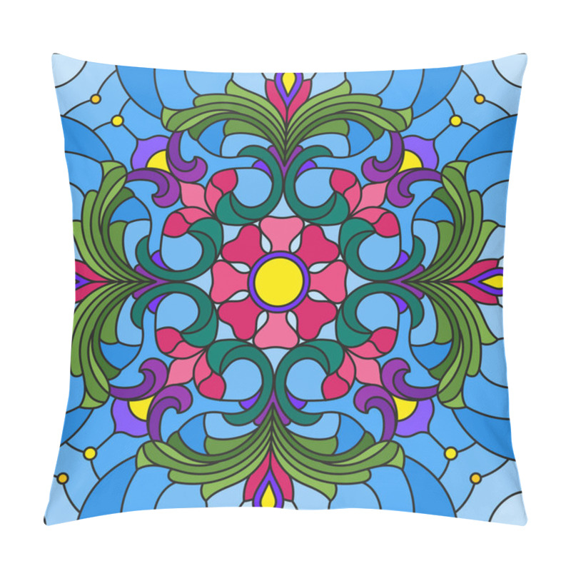 Personality  Stained Glass Illustration With Abstract Floral Ornaments, Flowers, Leaves And Curls On Blue Background, Square Illustration Pillow Covers