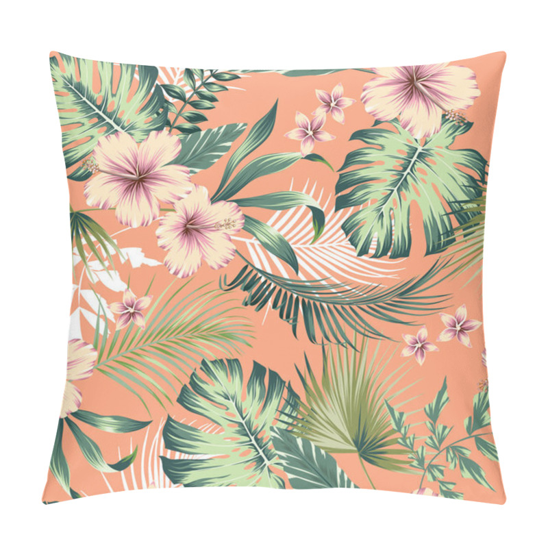 Personality  Vector Seamless Botanical Tropical Pattern With Flowers. Lush Foliage Floral Design With Monstera Leaves, Areca Palm Leaves, Fan Palm, Hibiscus Flower, Frangipani Flower. Modern Allover Background. Pillow Covers