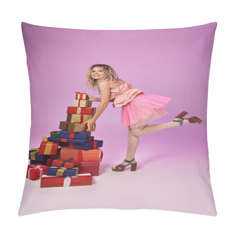 Personality  Happy Blonde Woman In Tooth Fairy Attire Standing On One Leg Near Pile Of Presents On Pink Backdrop Pillow Covers