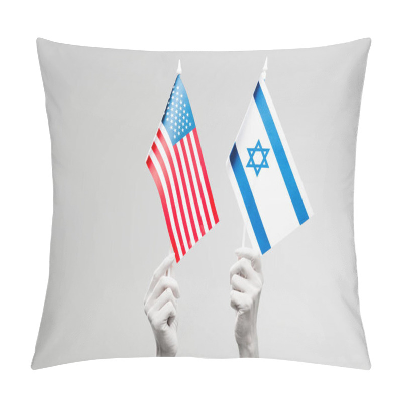 Personality  Cropped View Of Female Hands Painted In White Holding American And Israel Flags Isolated On Grey  Pillow Covers