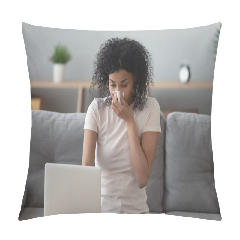 Personality  Allergic African Woman Blowing Nose In Napkin Sit At Home Pillow Covers