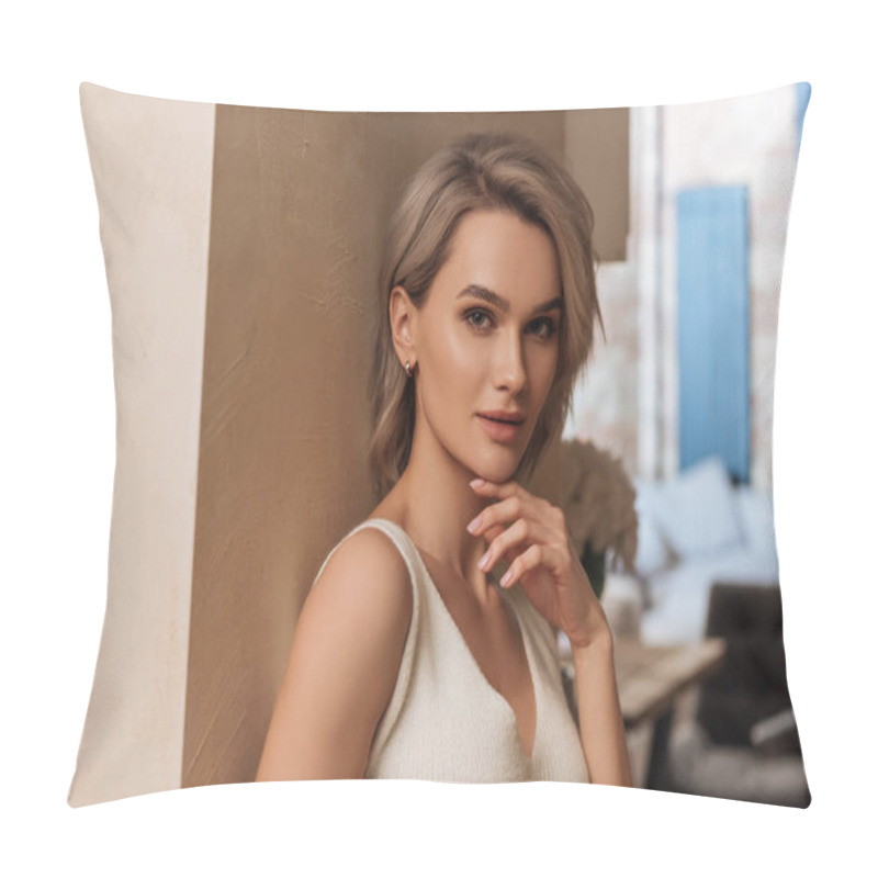 Personality  Attractive, Sensual Woman Standing By Wall At Home And Touching Chin While Looking At Camera Pillow Covers