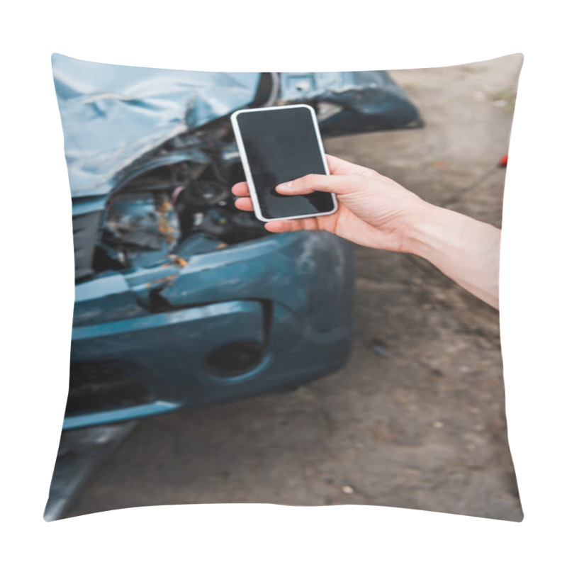 Personality  Selective Focus Of Man Holding Smartphone With Blank Screen Near Crashed Car  Pillow Covers