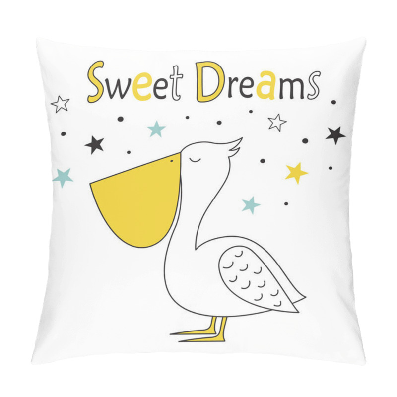 Personality  Hand Drawn Cute Pelican Doodle Illustration With Lettering Sweet Dreams And Stars, Cute Summer Time Illustration Pillow Covers