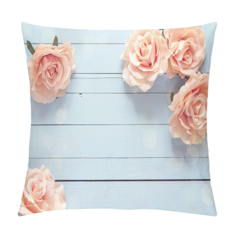 Personality  Background With Pink Roses On Blue Wooden Planks.  Pillow Covers