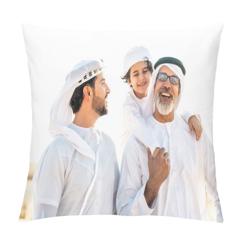 Personality  Three Generation Family Making A Safari In The Desert Of Dubai Wearing White Kandura Outfit. Grandfather, Son And Grandson Spending Time Together In The Nature. Pillow Covers