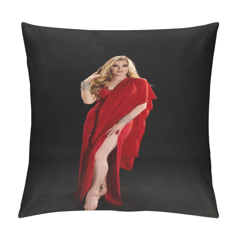 Personality  Young Woman In Red Dress Striking A Pose. Pillow Covers