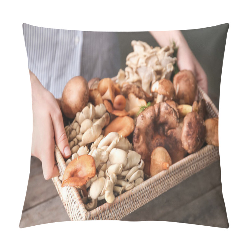 Personality  Woman Holding Wicker Tray With Variety Of Raw Mushrooms Over Table Pillow Covers