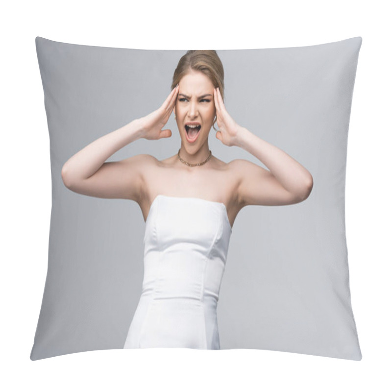 Personality  Emotional Bride In White Wedding Dress Touching Temples And Screaming Isolated On Grey  Pillow Covers