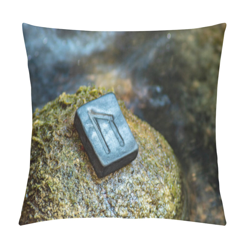 Personality  Norse Rune Uruz On The Stone And The Evening River Background. Health, Strength, Masculinity. The Energy Of The Earth. Pillow Covers