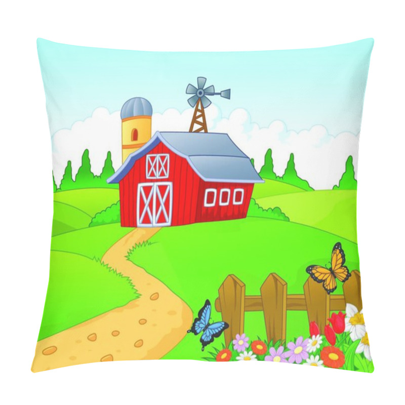 Personality  Illustration Of A Farm With A House And A Plant Pillow Covers