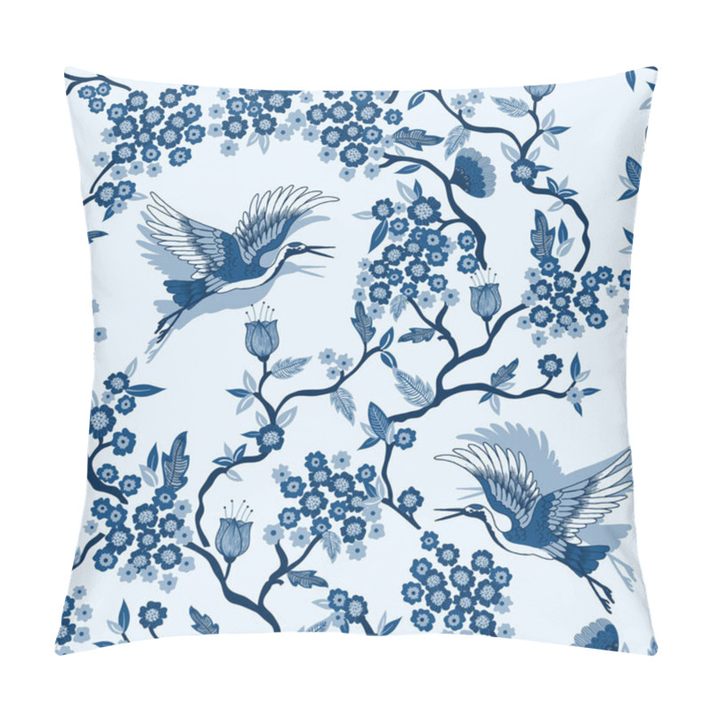 Personality  Classic Blue Crane Birds And Plants Chinese Japanese Vector Seamless Pattern Pillow Covers