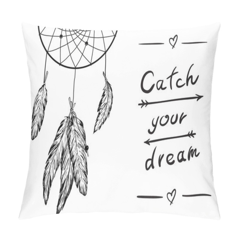 Personality  Monohrome Hand Drawing Dreamcatcher With Feathers And Design Lettering. Native American Indian Talisman. Vector Hand Drawn Hipster Illustration, Boho Design, Tattoo Art, Poster. Pillow Covers