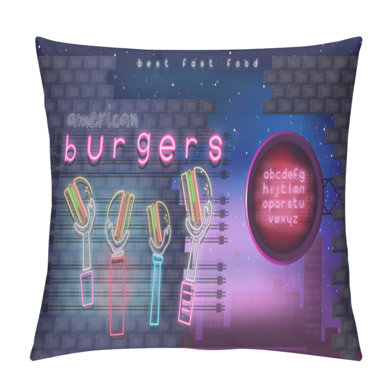 Personality  Modern Urban Design Of Neon Glowing Sign For Burger Cafe Logo, Emblem. Bright Signboard In Night Town For Fast Food Restaurant, Bar Or Pub. Billboard On City Road. Vector Illustration. Pillow Covers