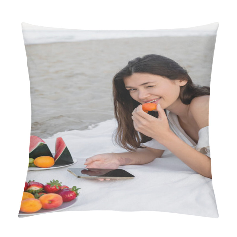 Personality  Young Woman In Shirt Holding Apricot And Using Smartphone Near Fruits On Beach  Pillow Covers