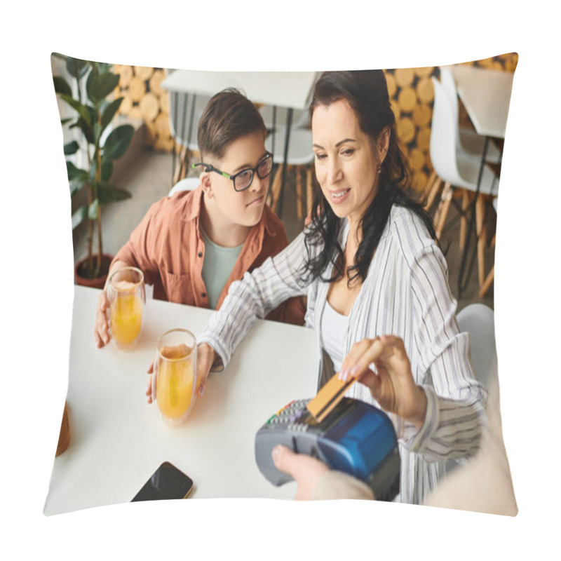 Personality  Beautiful Jolly Mother Paying With Credit Card Next To Her Inclusive Son With Down Syndrome In Cafe Pillow Covers