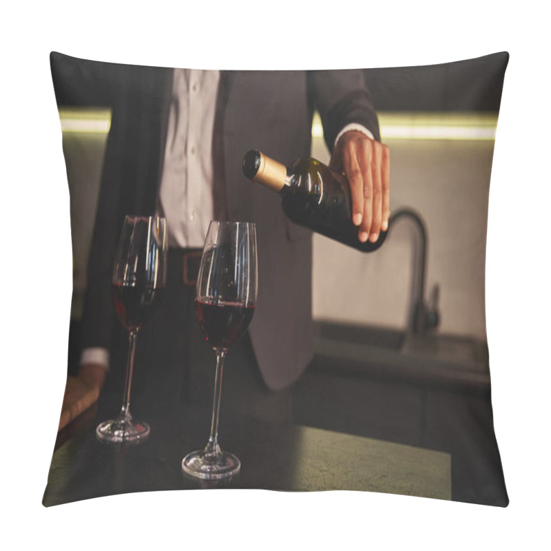 Personality  Cropped View Of Young African American Man In Elegant Chic Suit Pouring Red Vine Into Glasses Pillow Covers