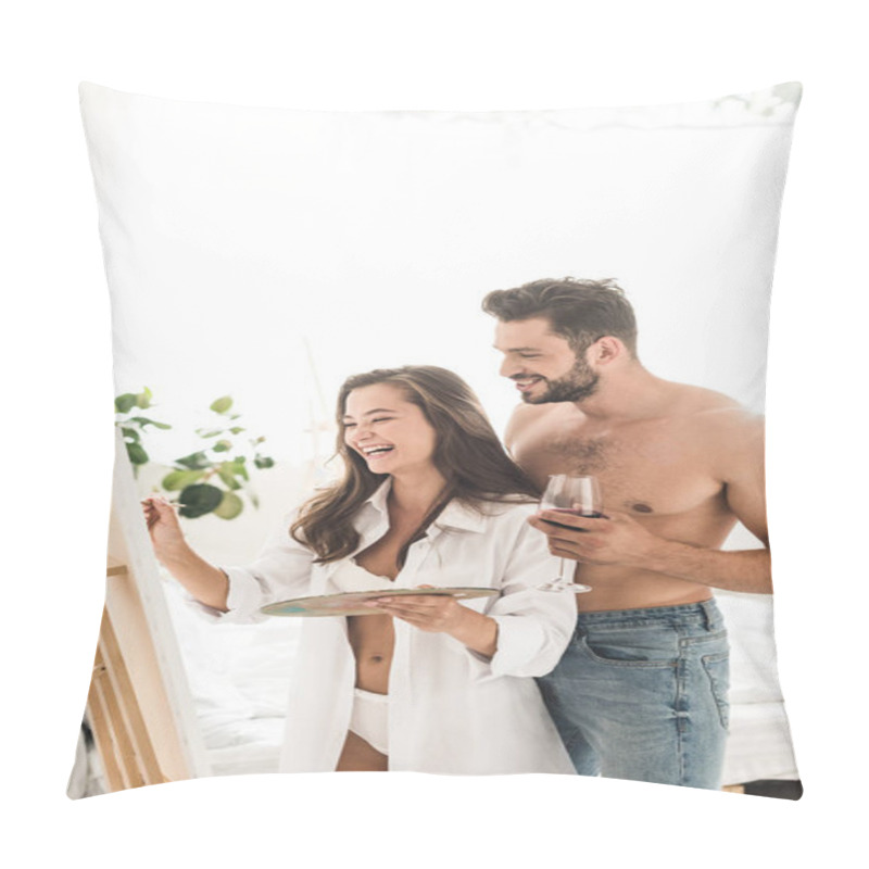 Personality  Young Couple Laughing While Girl Drawing And Boy Holding Glass With Wine Pillow Covers