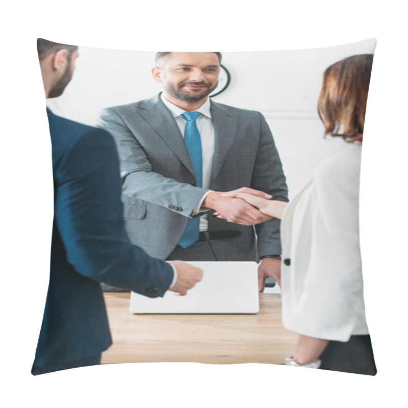 Personality  Selective Focus Of Handsome Advisor In Suit And Investors Shaking Hands At Workplace   Pillow Covers