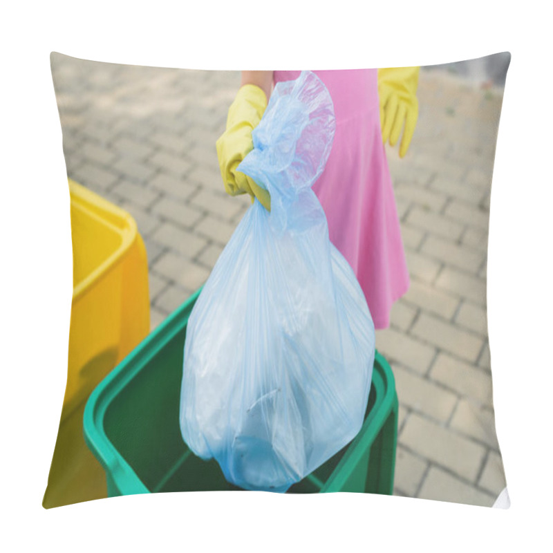 Personality  Cropped View Of Girl Holding Trash Bag Near Bin Outdoors  Pillow Covers