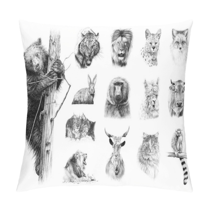 Personality  Hand Drawn Set Of 14 Animals, Sketch Graphics Monochrome Illustration On White Background (originals, No Tracing) Pillow Covers