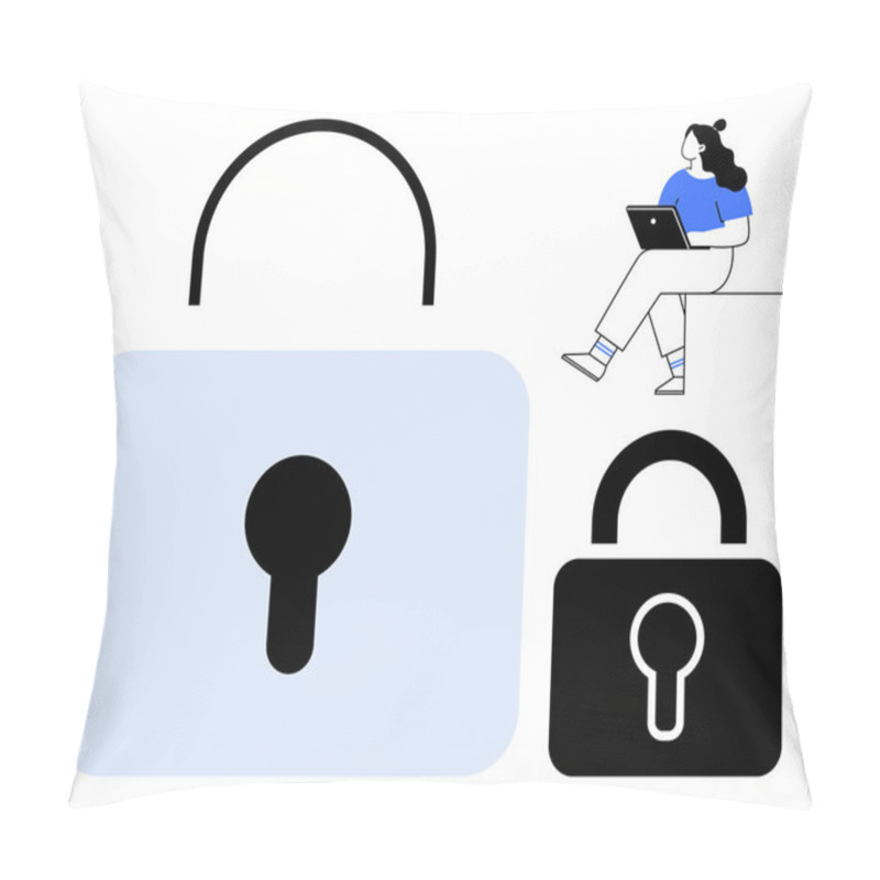 Personality  Large Lock Icon With Keyhole, Smaller Lock, And Person Using Laptop. Ideal For Cybersecurity, Online Privacy, Data Protection, Internet Safety, Secure Connections, Digital Security, Technology. Line Pillow Covers