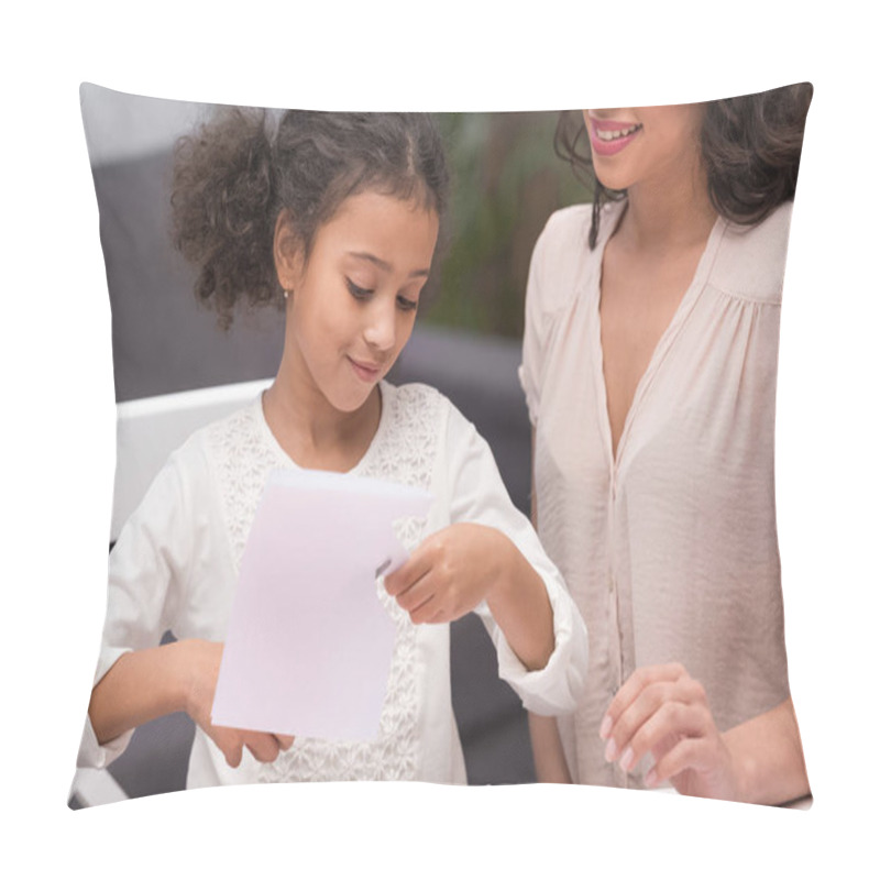 Personality  Cropped Image Of African American Daughter Cutting Paper For Greeting Card Pillow Covers