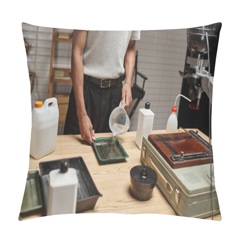 Personality  Cropped View Of African American Man Pouring Chemical Solution For Film Development In Tray Pillow Covers