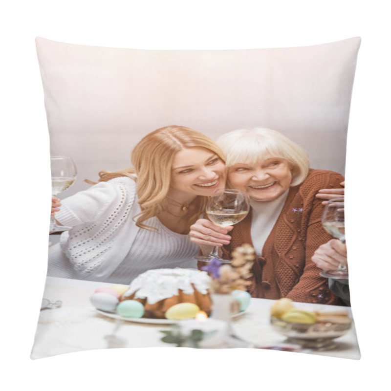 Personality  Happy Mother And Daughter With Wine Glasses Embracing During Easter Dinner Pillow Covers