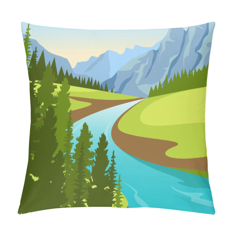 Personality  Winding River Mountain Forest Beautiful Rural Nature Landscape Illustration Pillow Covers