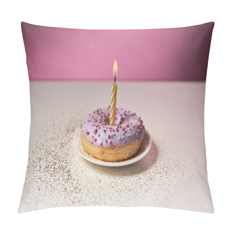 Personality  Burning Candle In Middle Of Glazed Doughnut With Sparkles On White Table On Pink Background Pillow Covers