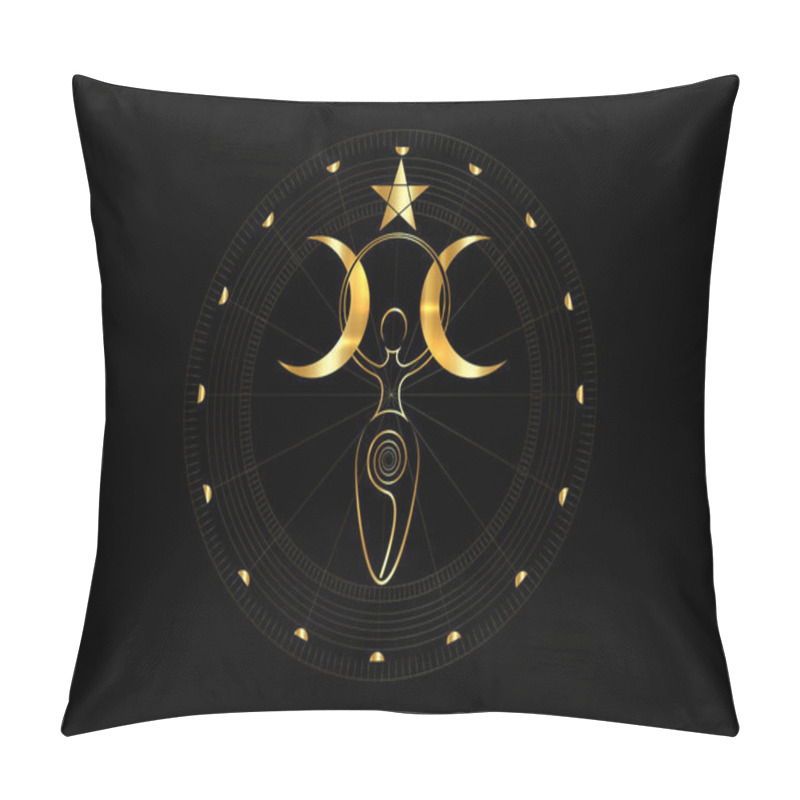 Personality  Gold Spiral Goddess Of Fertility And Triple Moon Wiccan. The Spiral Cycle Of Life, Death And Rebirth. Golden Woman Wicca Mother Earth Symbol Of Sexual Procreation, Vector Isolated On Black Background  Pillow Covers