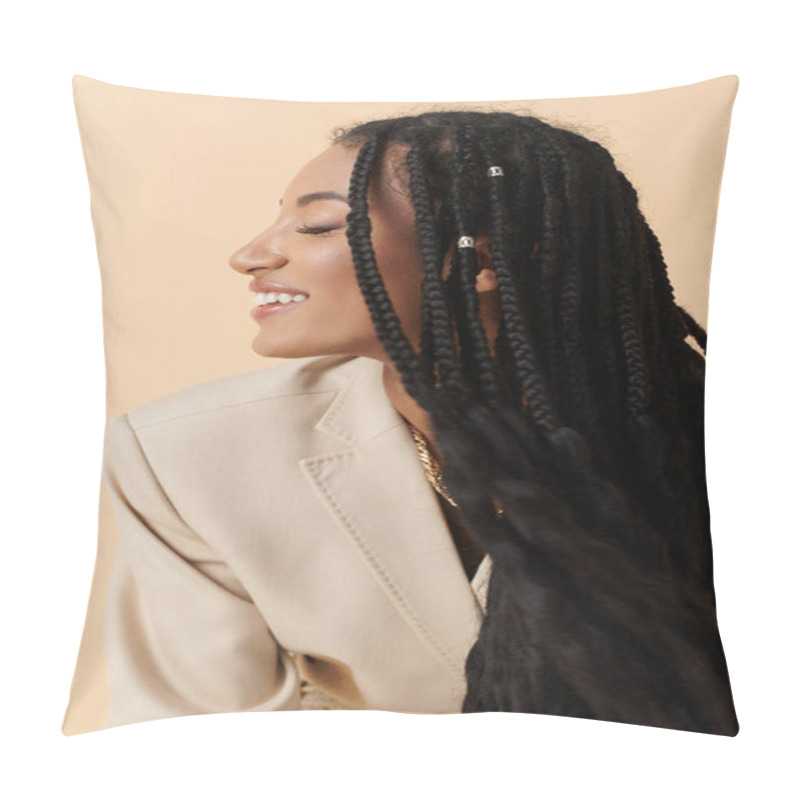 Personality  A Young African American Woman With Long Braided Hair Smiles While Wearing A Cream Blazer Against A Beige Background. Pillow Covers