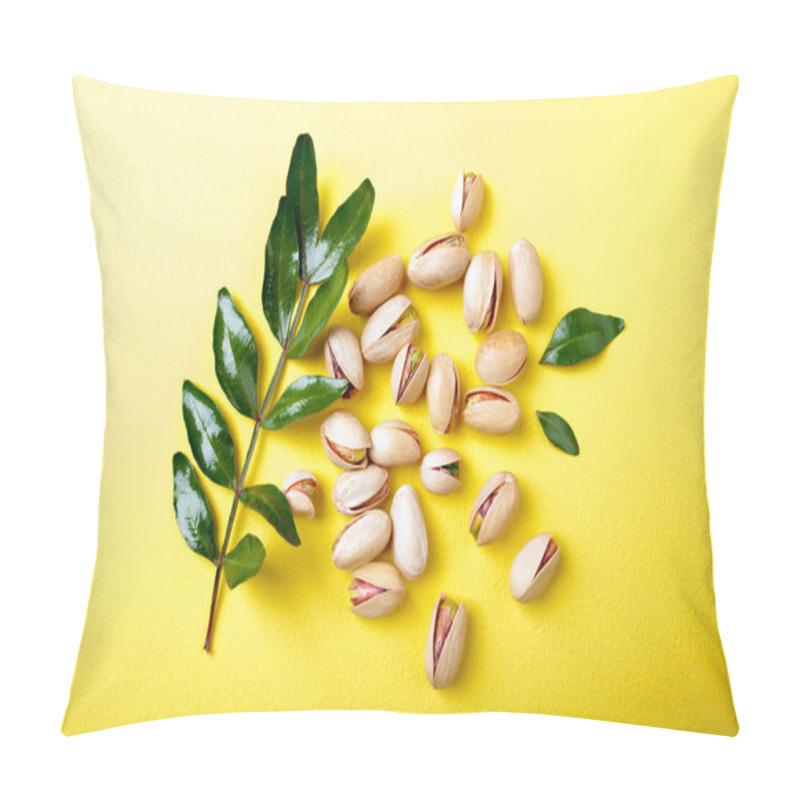 Personality  Pistachios With Leaves On Yellow Background, Top View. Set Of Pistachio Nuts Pillow Covers