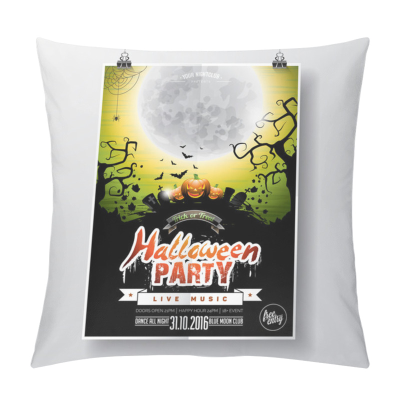 Personality  Vector Halloween Party Flyer Design With Typographic Elements And Pumpkin On Green Background. Graves, Bats And Moon. Pillow Covers