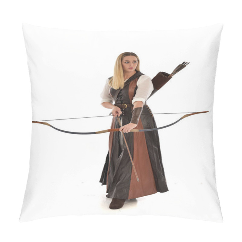 Personality  Full Length Portrait Of Woman Wearing Brown Medieval Fantasy Outfit, With A Bow And Arrow. Standing Pose On White Studio Background. Pillow Covers