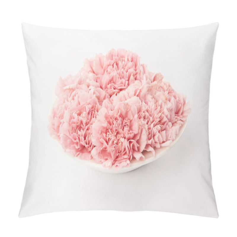 Personality  Pink Carnations Flowers In Round Plate On White Background Pillow Covers