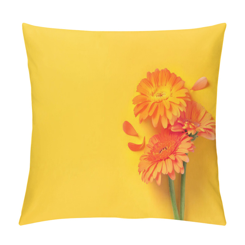 Personality  Beautiful Orange Gerbera Flowers And Petals On Yellow Background, Flat Lay. Space For Text Pillow Covers