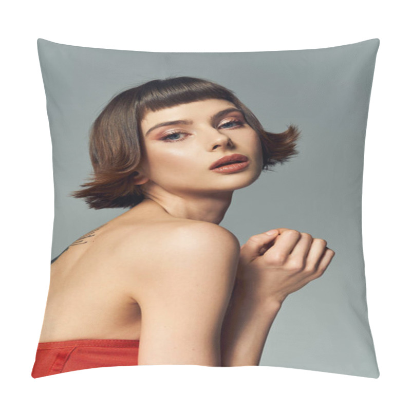 Personality  A Confident Woman Showcases Her Style With A Bold Red Dress And Short Hair. Pillow Covers