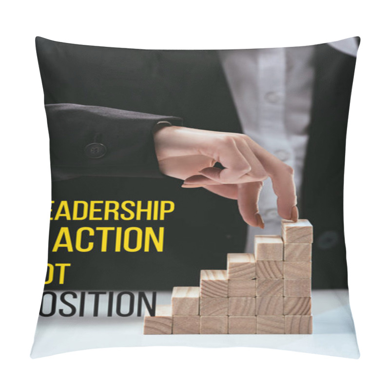 Personality  Cropped View Of Woman Climbing With Fingers Wooden Career Ladder, 'leadership Is Action Not Position' Lettering On Foreground Pillow Covers