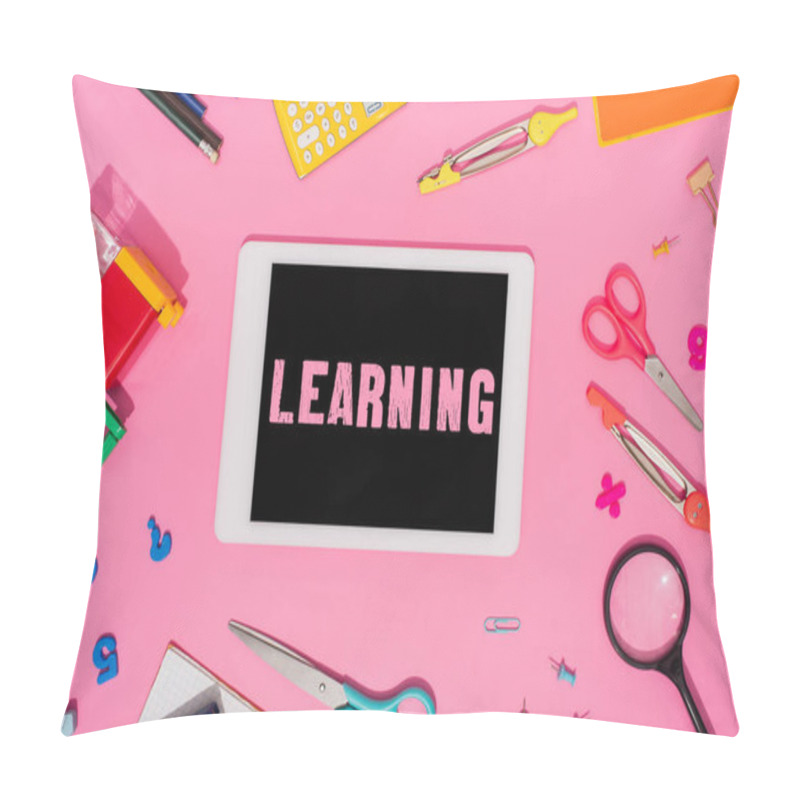 Personality  Top View Of Digital Tablet With Learning Lettering On Screen Near School Stationery On Pink  Pillow Covers