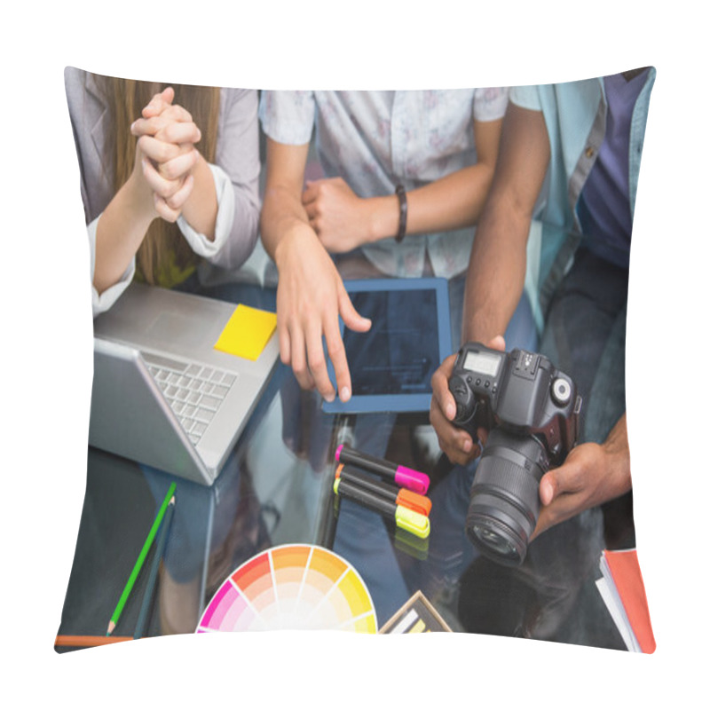 Personality  Close Up Of Creative Business People With Digital Camera Pillow Covers